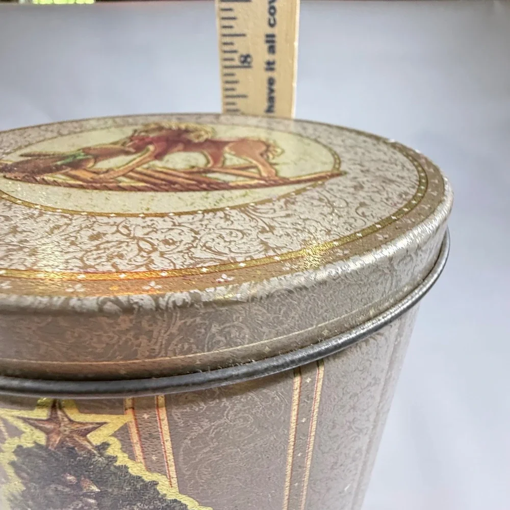 VTG Christmas Tin‎ Holiday Cookie Canister Gold Victorian Tree Rocking Horse 8